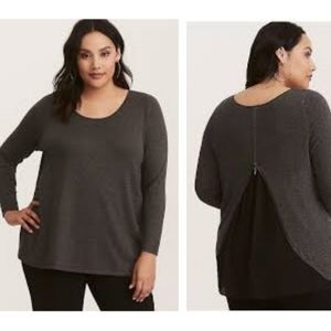 TORRID CHARCOAL GREY & BLACK CHIFFON INSET ZIPPER BACK SWEATER